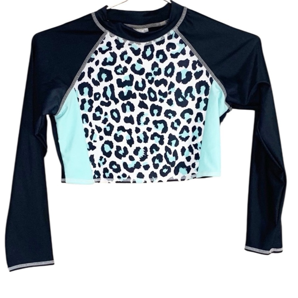 Circo Girl’s Cheetah Print Rash Guard Swimsuit Top Sky Blue Black White